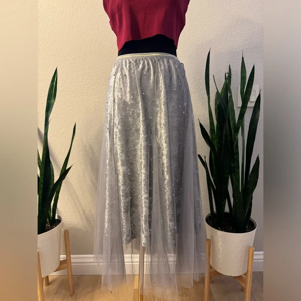 ANTHROPOLOGIE RAGA SKIRT 1X GRAY TULLE LAYERED A-LINE VELVET MESH PEARL‎ PLUS